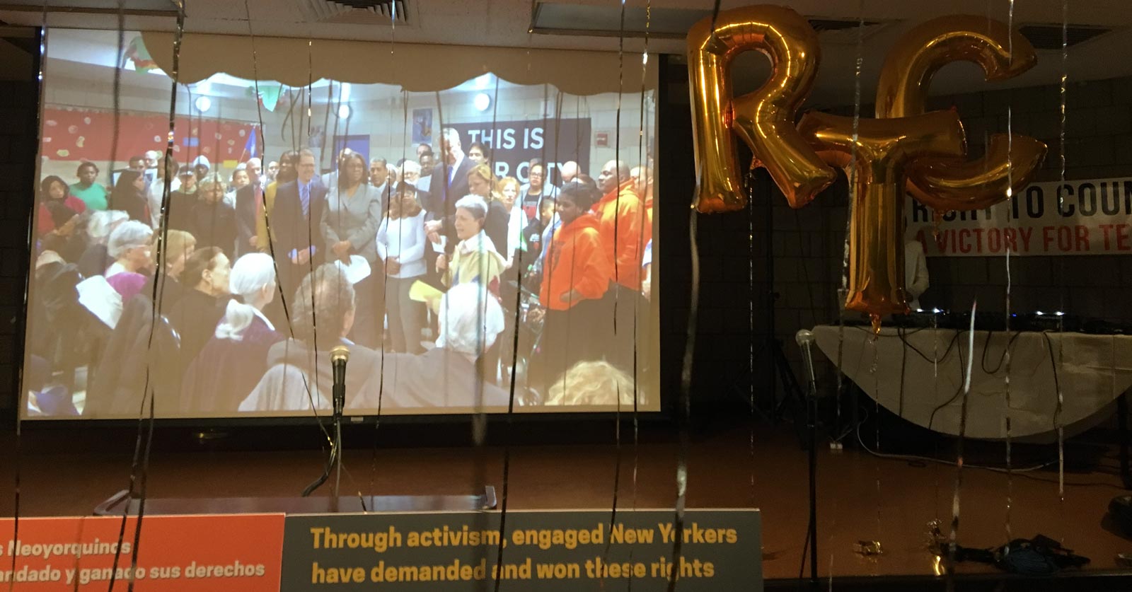 A party featuring activists celebrating their victory in winning Right to Counsel